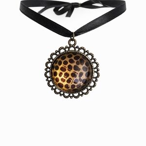 Antique Leopard Print Pendant Necklace On Satin Ribbon